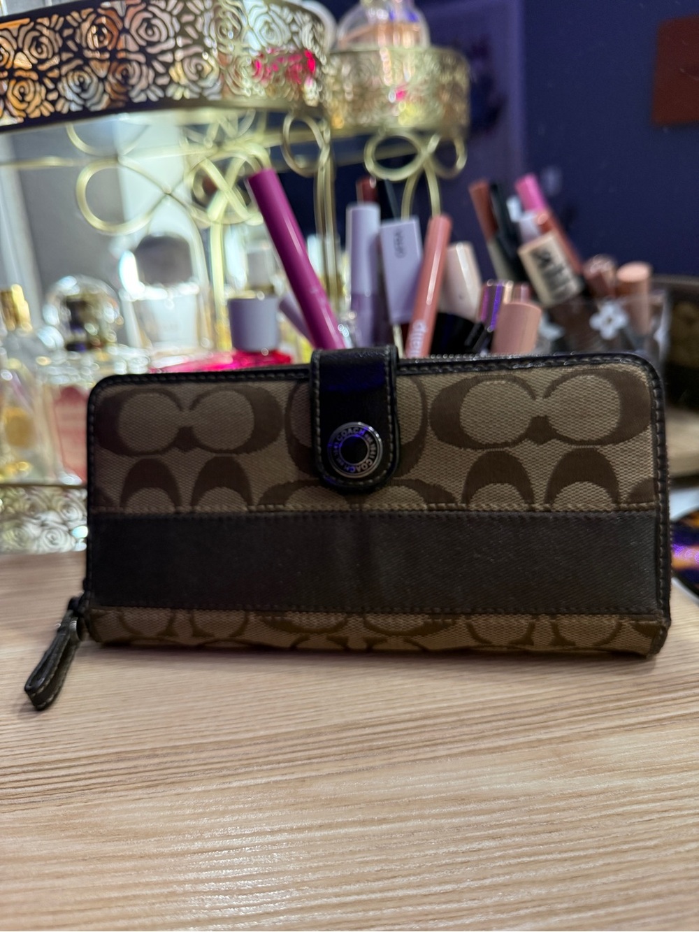 vintage Coach Signature Canvas Continental Wallet - Brown